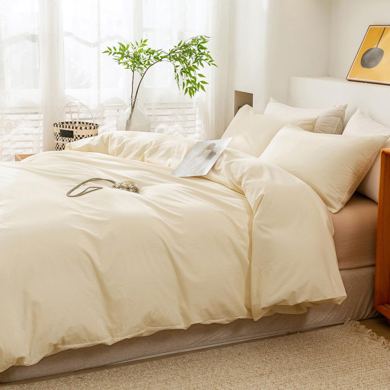 ECOCOTT Duvet Cover King Size - 3 Piece 100% Washed Cotton Bedding Set, Soft & Breathable with Zipper Closure 8 Corner Ties - Comfortable and Stylish for All Seasons (Cream) - Image 5